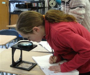 A NH student examines a fish egg under a microscope.