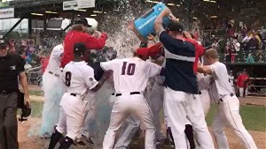 Fisher Cats celebrate after 8th win in 9 games.