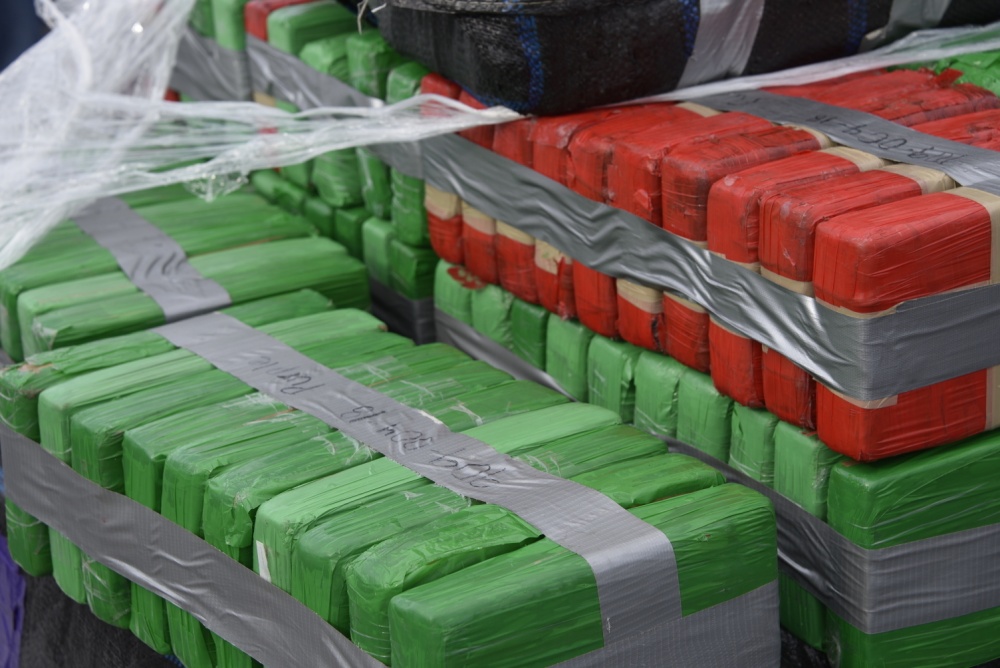 A pallet of seized cocaine aboard the Coast Guard Cutter Campbell.